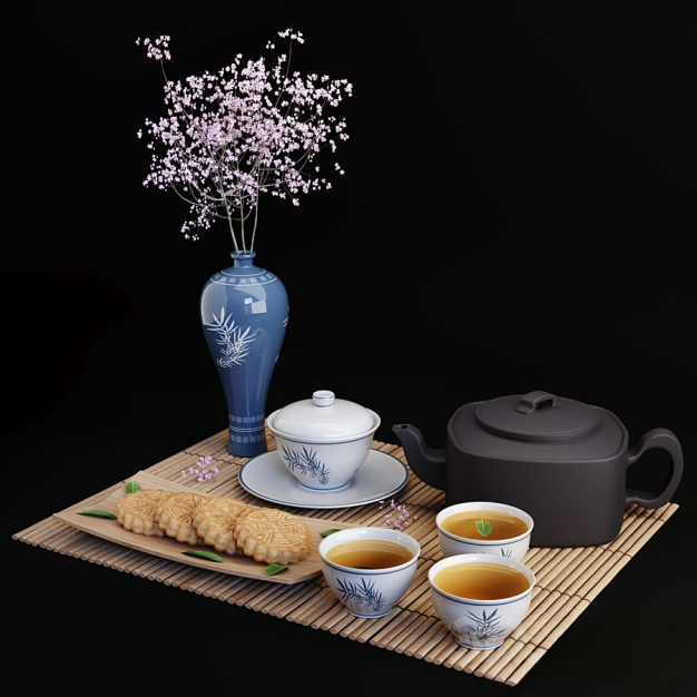 新中式茶杯茶壶月饼花瓶3D模型