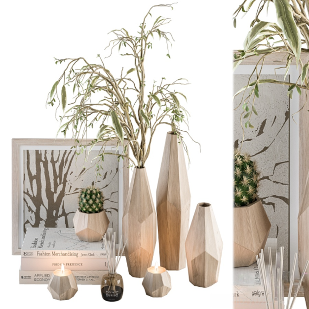 现代绿植花瓶书籍烛台摆件3D模型