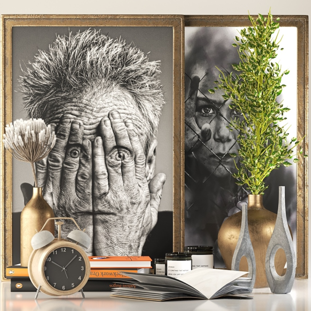现代绿植花瓶闹钟器皿摆件3D模型