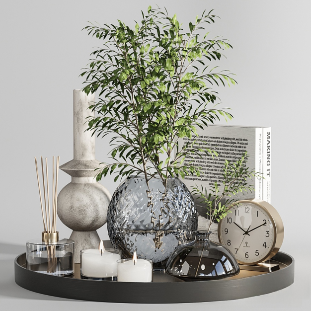 现代绿植蜡烛书籍摆件3D模型