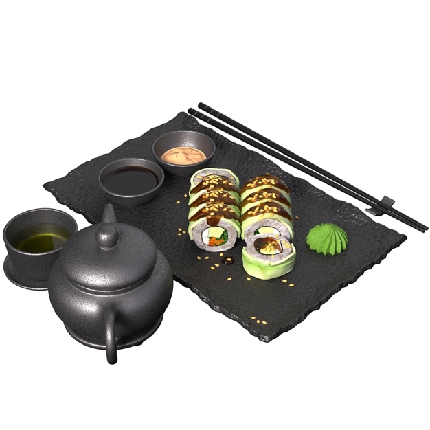 寿司卷和茶食物3D模型