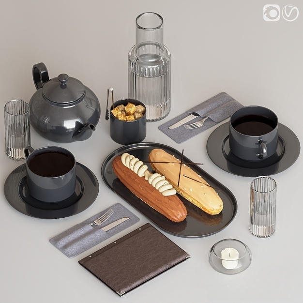 餐具 咖啡 面包 水杯 刀叉摆件3D模型