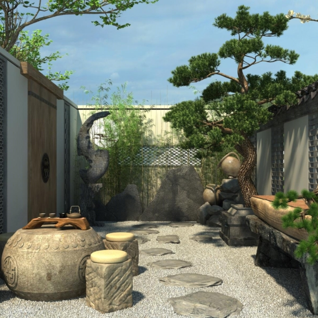 新中式庭院景观3D模型