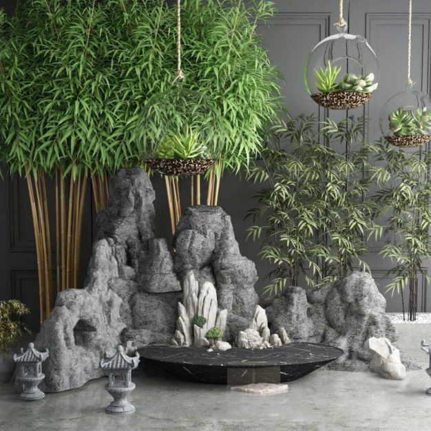 假山 竹子园艺小品3D模型