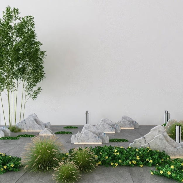 假山 花草 竹子3D模型