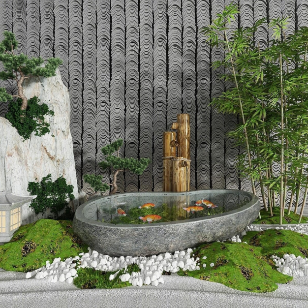 假山 水池 竹子园艺小品3D模型