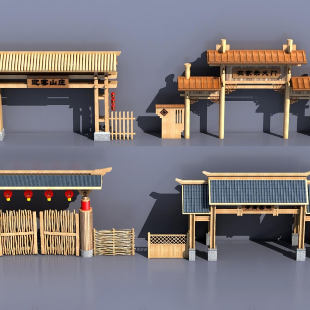新中式山庄门头3D模型