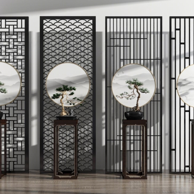 新中式屏风隔断花架组合3D模型