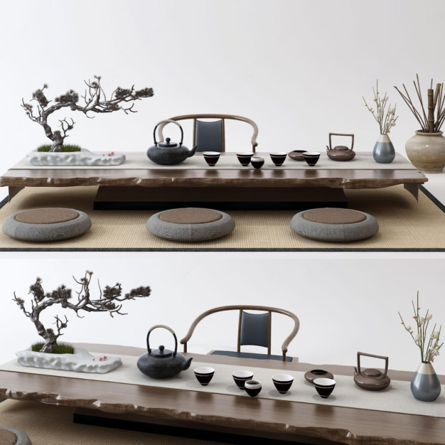 新中式榻榻米 茶桌 茶具摆件3D模型