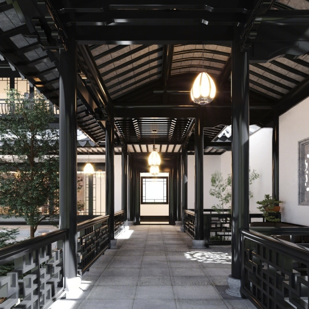 中式酒店过道3D模型