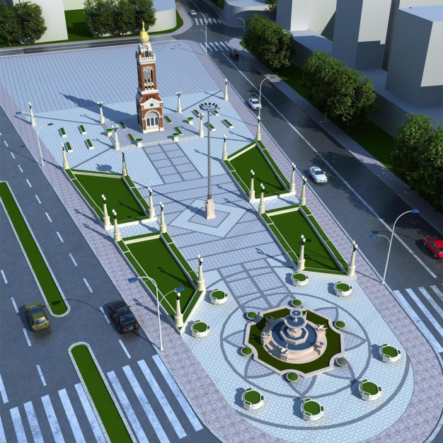 城市广场景观塔鸟瞰3D模型