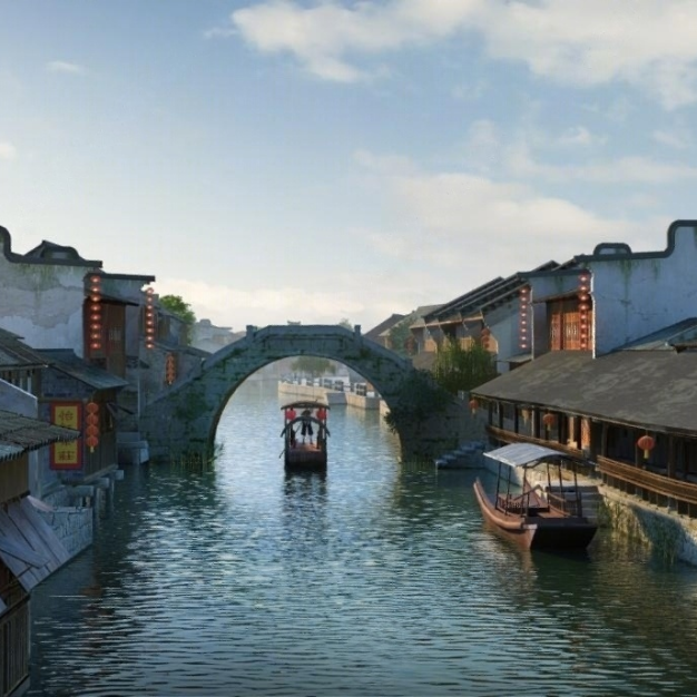 古建 古镇 河道 游船3D模型