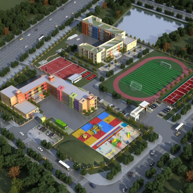 现代幼儿园建筑鸟瞰3D模型