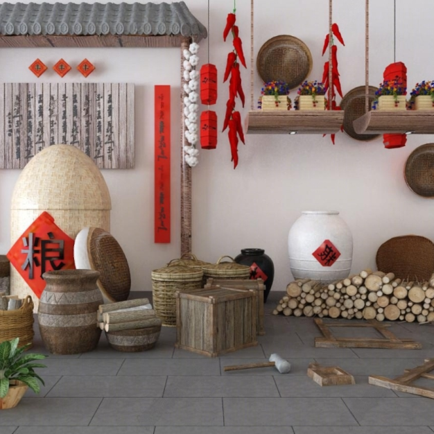 水缸 木头 屋檐园艺小品3D模型