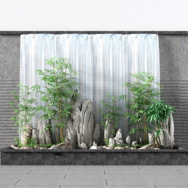  新中式假山 流水 竹子3D模型