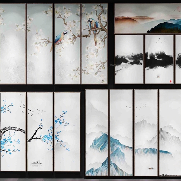 新中式禅意水墨挂画组合3D模型