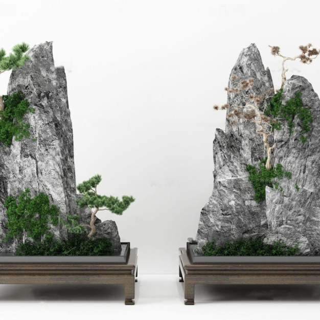 新中式假山松树摆件3D模型