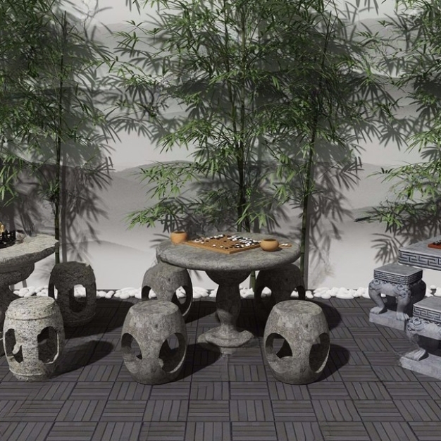 中式石凳 石桌组合3D模型