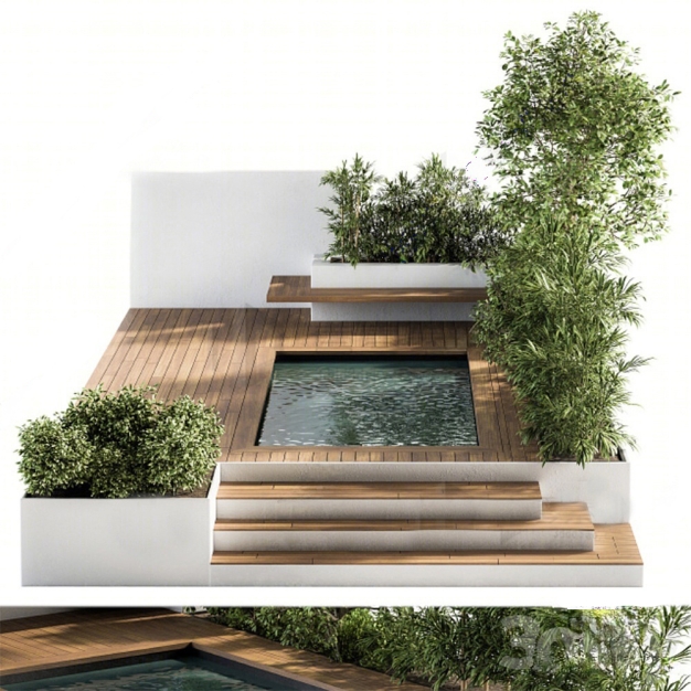现代庭院绿植水池景观3D模型