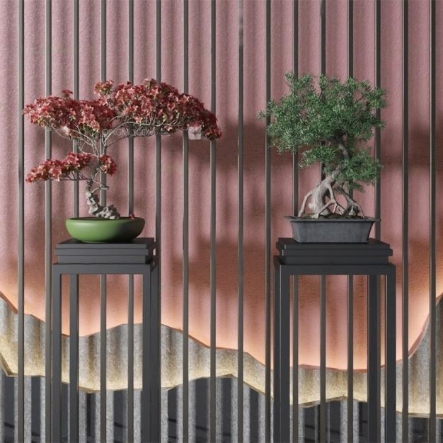新中式花架盆栽组合3D模型