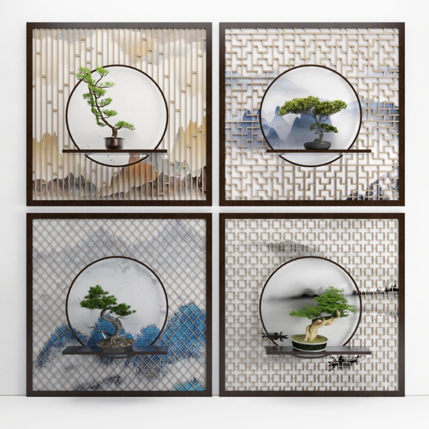 新中式屏风隔断端景台3D模型