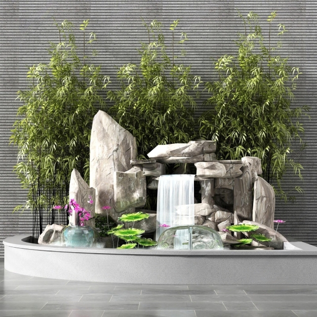 假山 水景 竹子3D模型