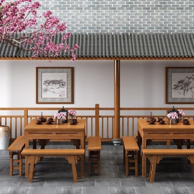 新中式餐馆餐桌椅组合3D模型