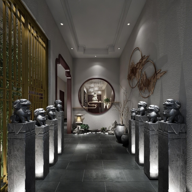 新中式餐厅玄关走廊石狮子3D模型