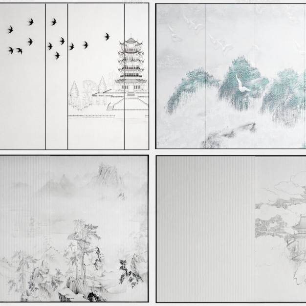 新中式硬包背景墙组合3D模型