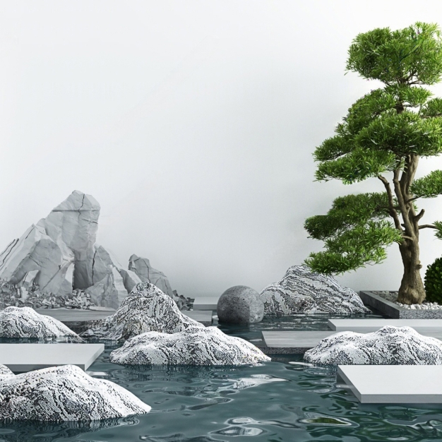 新中式假山 水景 松树3D模型