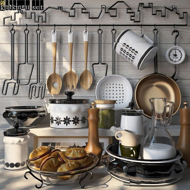 现代厨具餐具调料食物组合3D模型