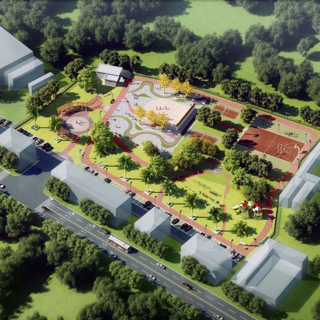  现代公园鸟瞰3D模型
