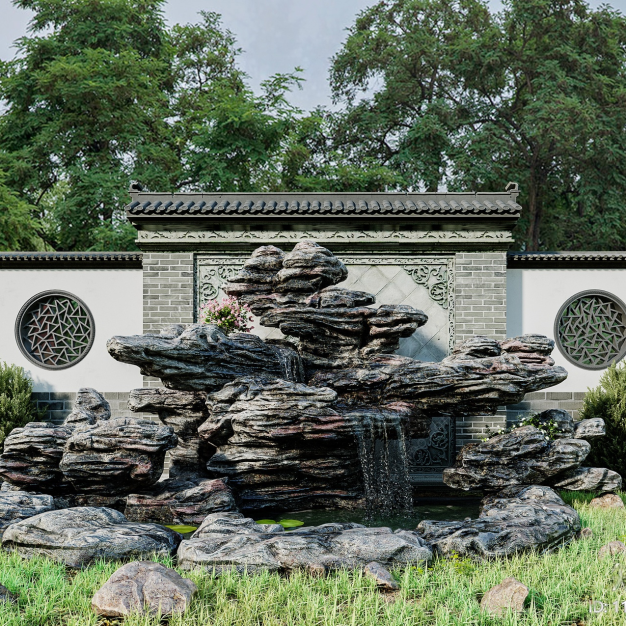 新中式假山水景3D模型