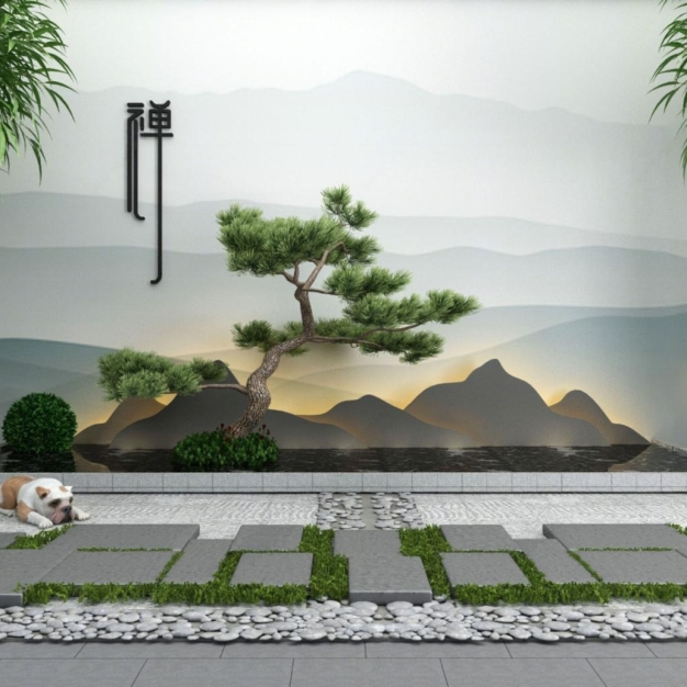  新中式竹子松树水景园艺小品3D模型