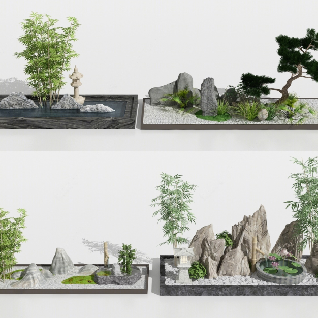 新中式假山水景3D模型