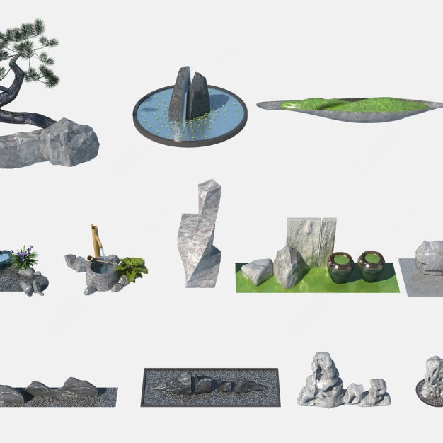 新中式假山水景3D模型