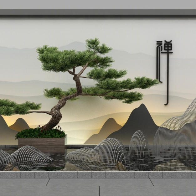  新中式假山水景3D模型