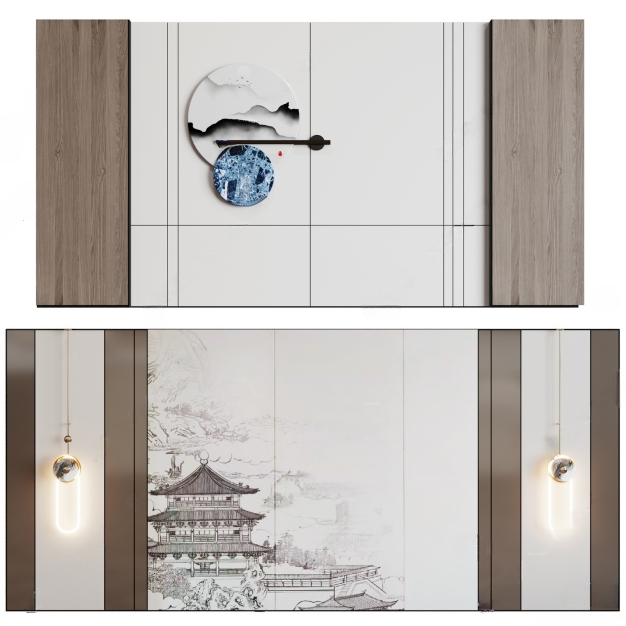 新中式床头背景墙3D模型