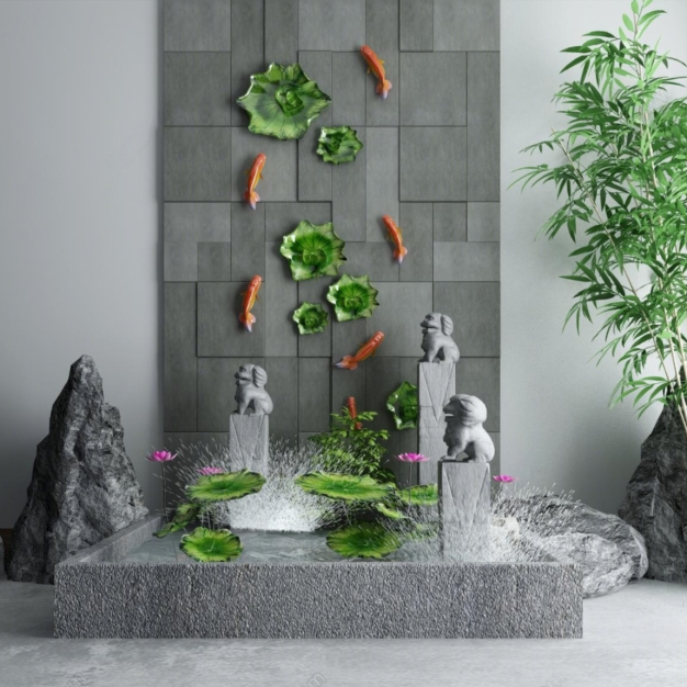 新中式假山假水组合3D模型