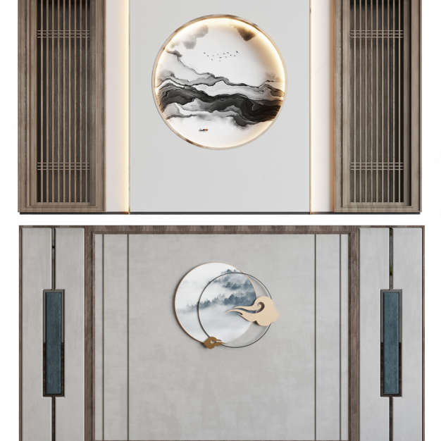 新中式背景墙组合3D模型
