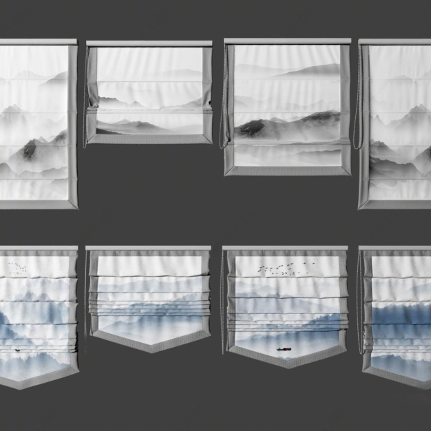  新中式山水画窗帘3D模型