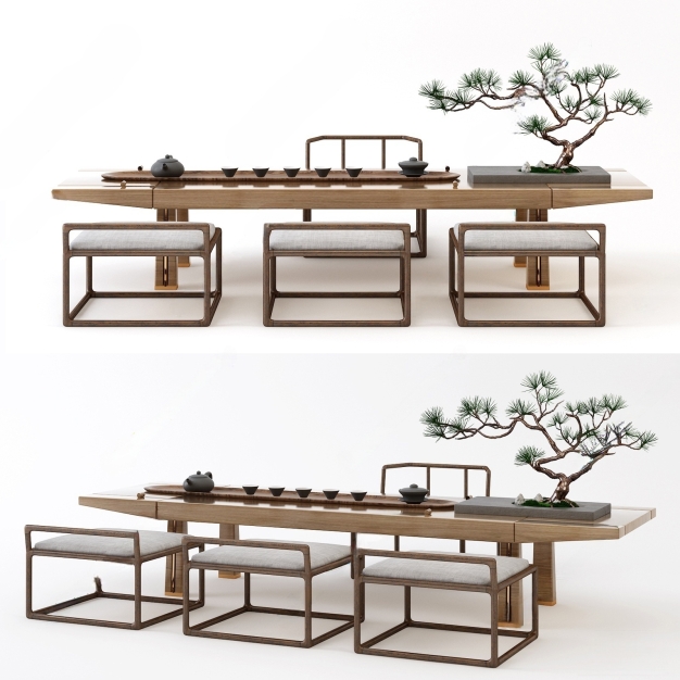 新中式茶桌椅组合3D模型