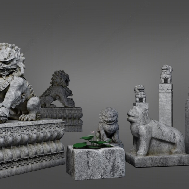 中式石狮子雕塑3D模型