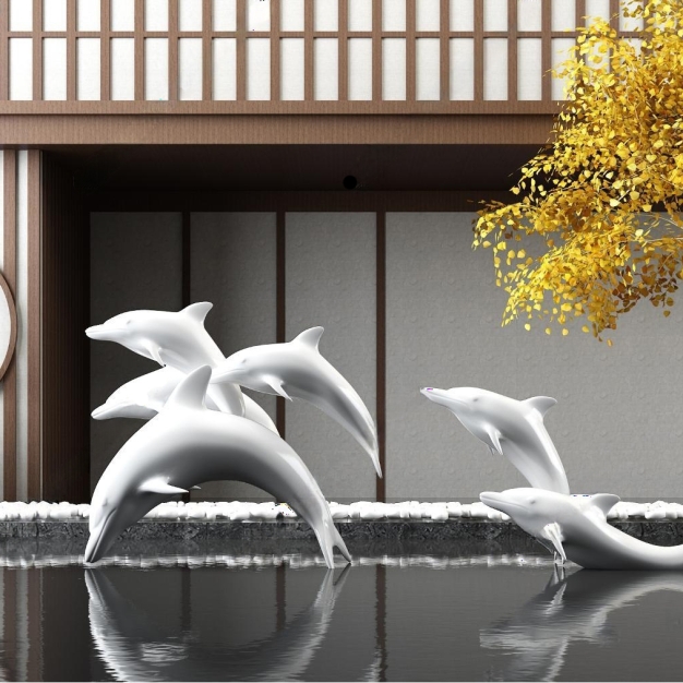 新中式海豚雕塑园林水景3D模型