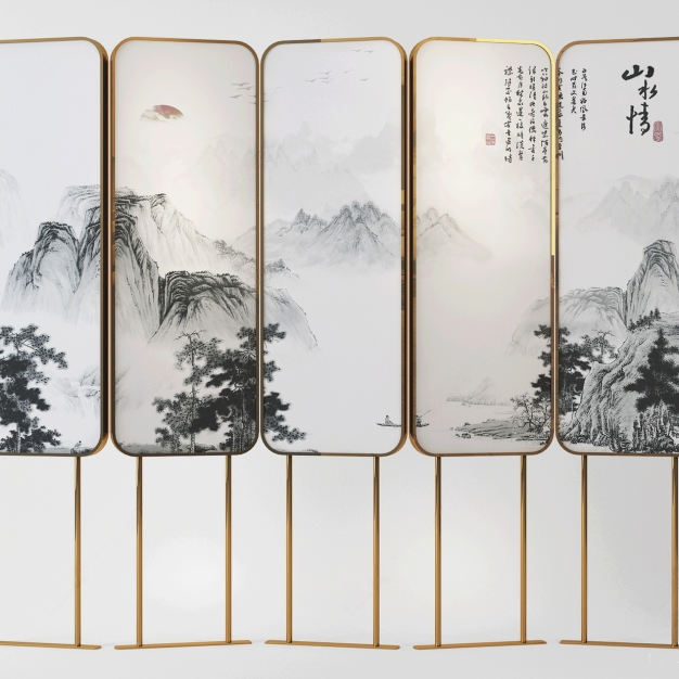  新中式屏风隔断背景墙3D模型