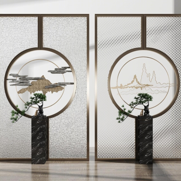  新中式屏风隔断背景墙3D模型