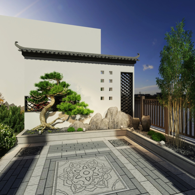 新中式庭院花园3D模型