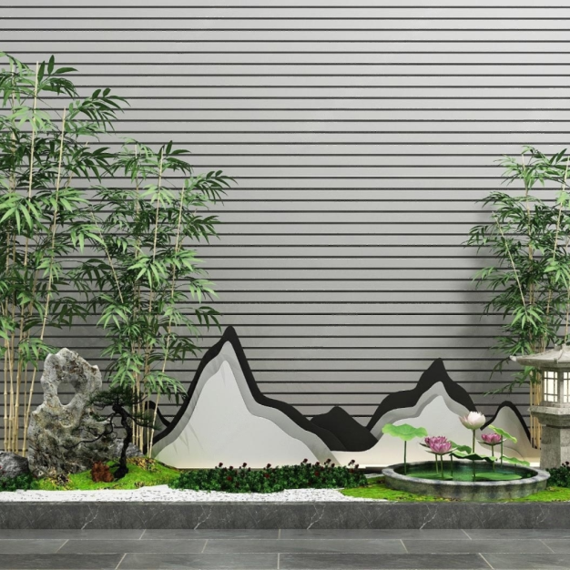 新中式园艺小品假山景观3D模型