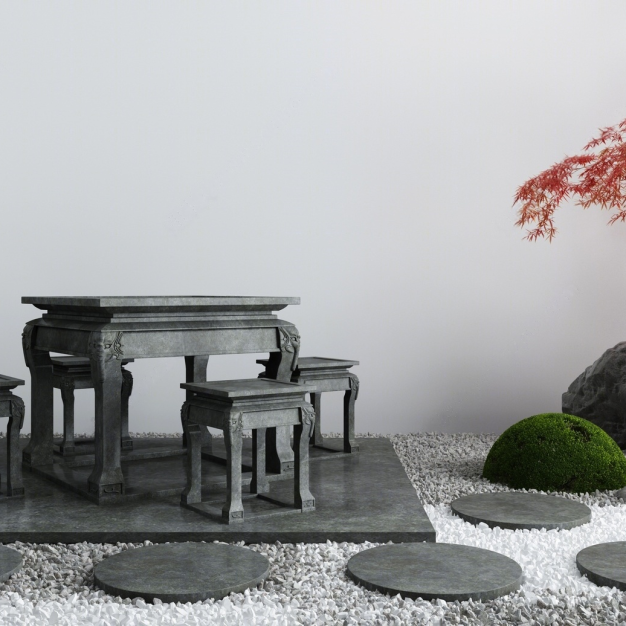  新中式庭院休闲石凳桌椅3D模型