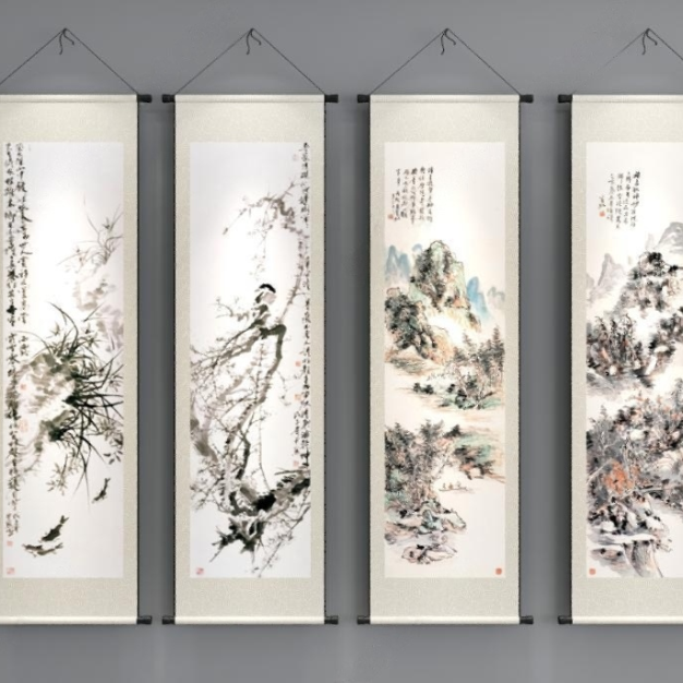 梅兰竹菊卷轴挂画3D模型